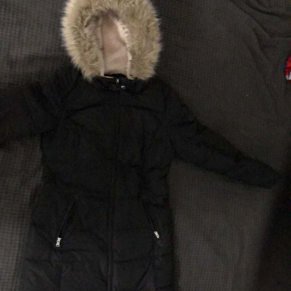 Black, XS, Women's Faux-Fur-Trim Hooded Down Puffer Coat.